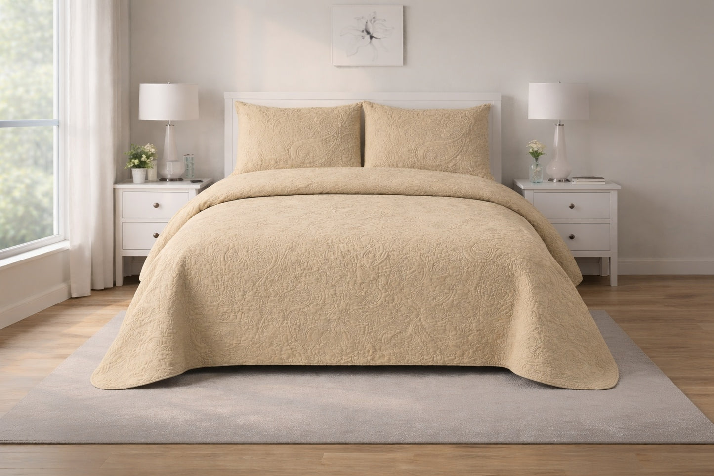BEIGE QUILTED BEDSPREAD 3PCS