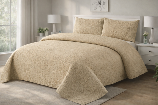 BEIGE QUILTED BEDSPREAD 3PCS