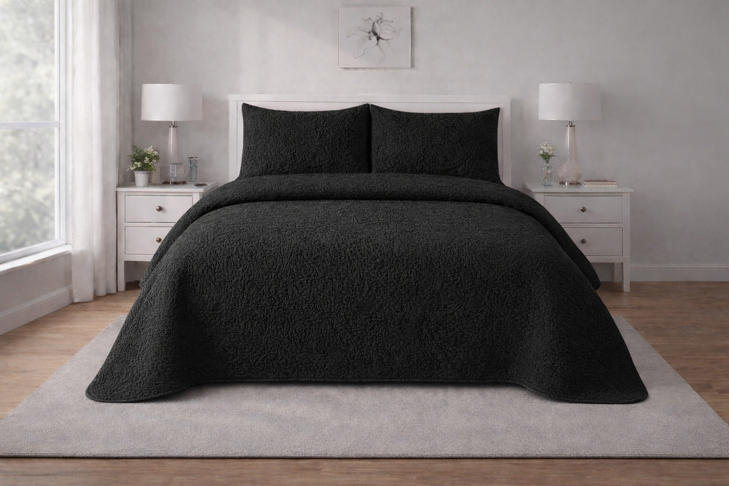 BLACK QUILTED BEDSPREAD 3PCS