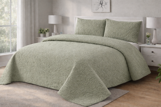 OLIVE GREEN QUILTED BEDSPREAD 3PCS