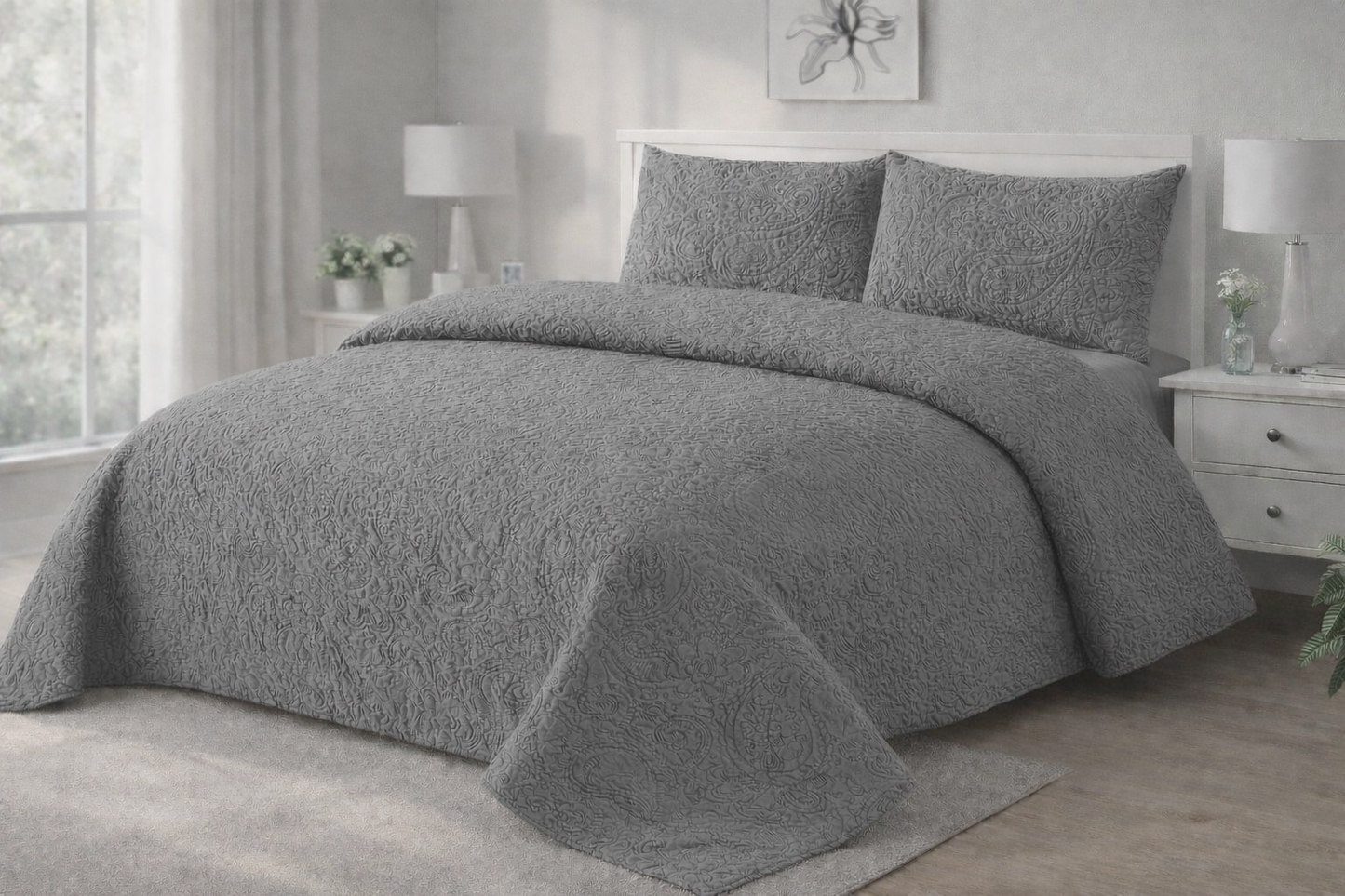 GREY QUILTED BEDSPREAD 3PCS