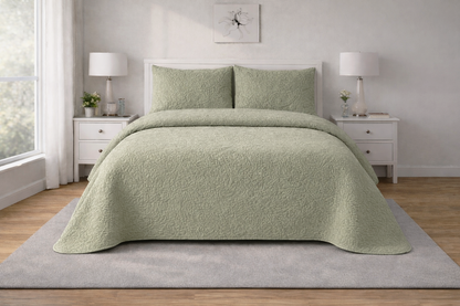 OLIVE GREEN QUILTED BEDSPREAD 3PCS