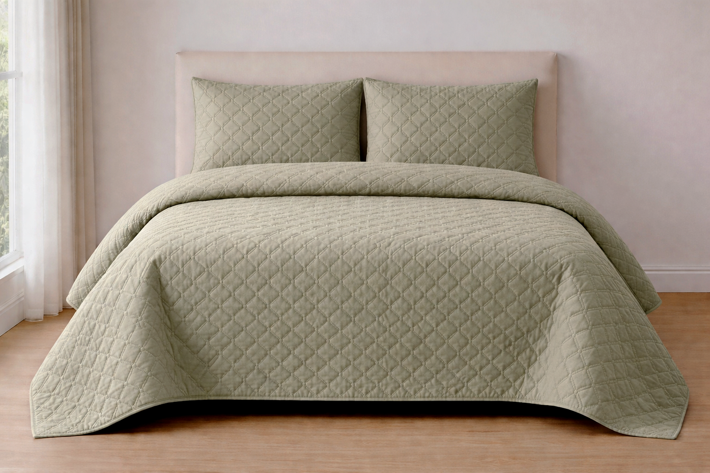 OLIVE GREEN QUILTED BEDSPREAD 3PCS