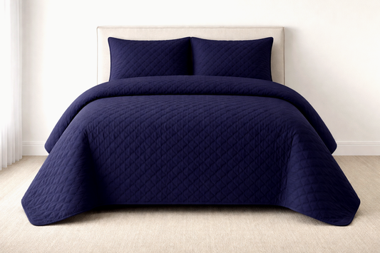 NAVY BLUE QUILTED BEDSPREAD 3PCS