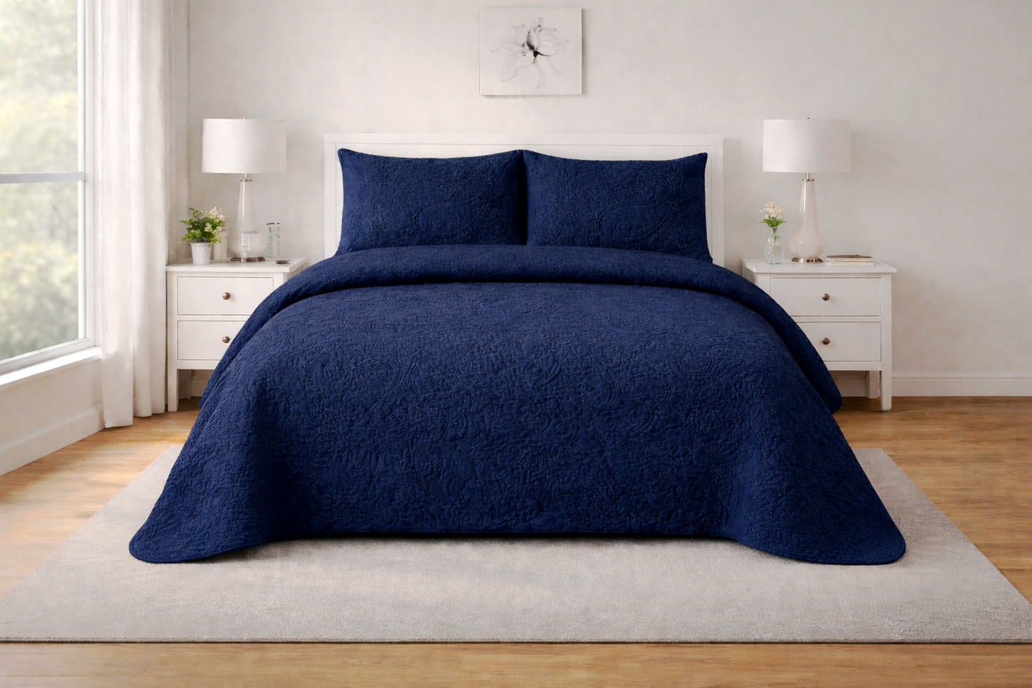 NAVY BLUE QUILTED BEDSPREAD 3PCS
