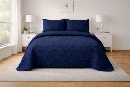 NAVY BLUE QUILTED BEDSPREAD 3PCS