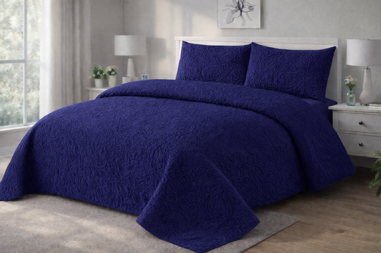 NAVY BLUE QUILTED BEDSPREAD 3PCS