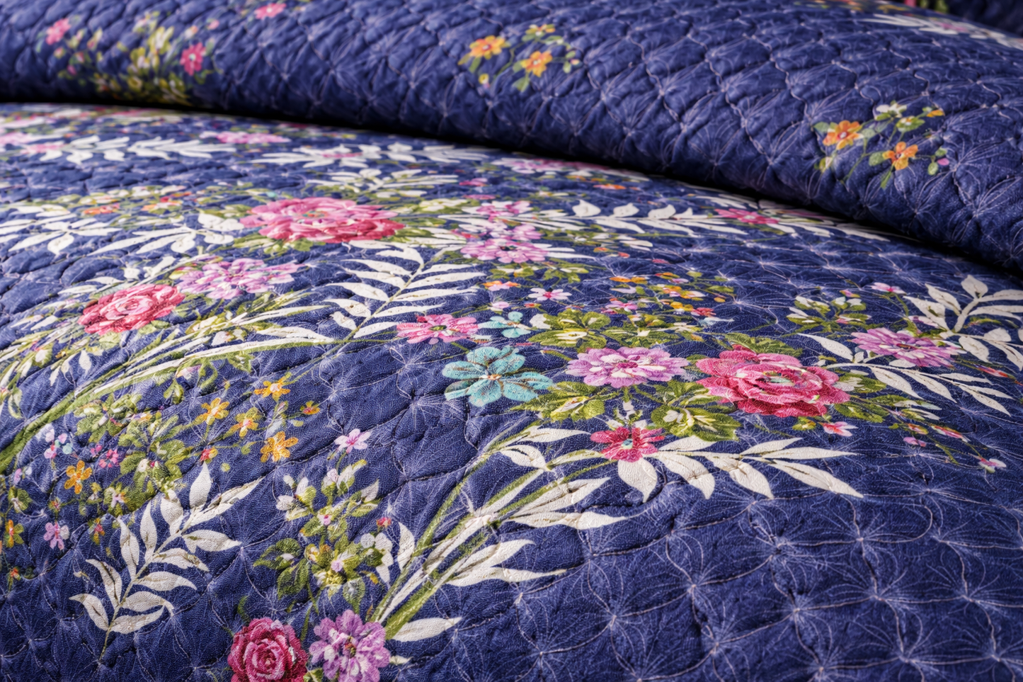ROYAL BLUE FLORAL PRINTED BEDSPREAD 3PCS