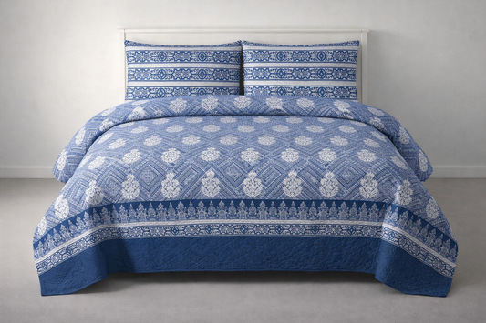 BLUE HERITAGE BLOCK PRINTED BEDSPREAD 3PCS