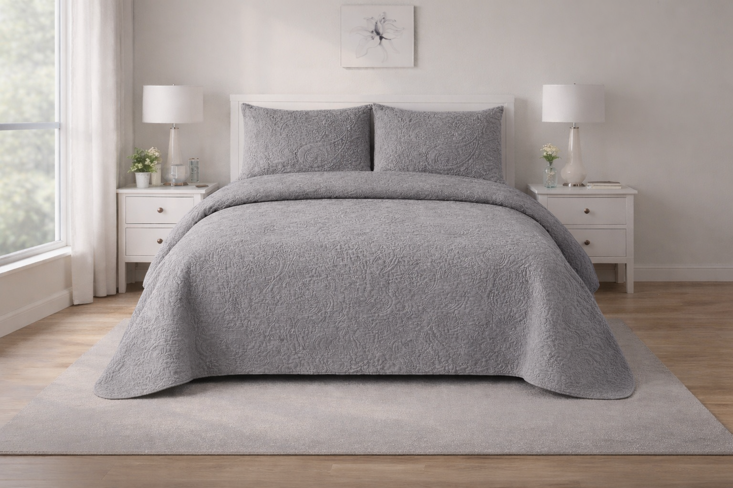 GREY QUILTED BEDSPREAD 3PCS