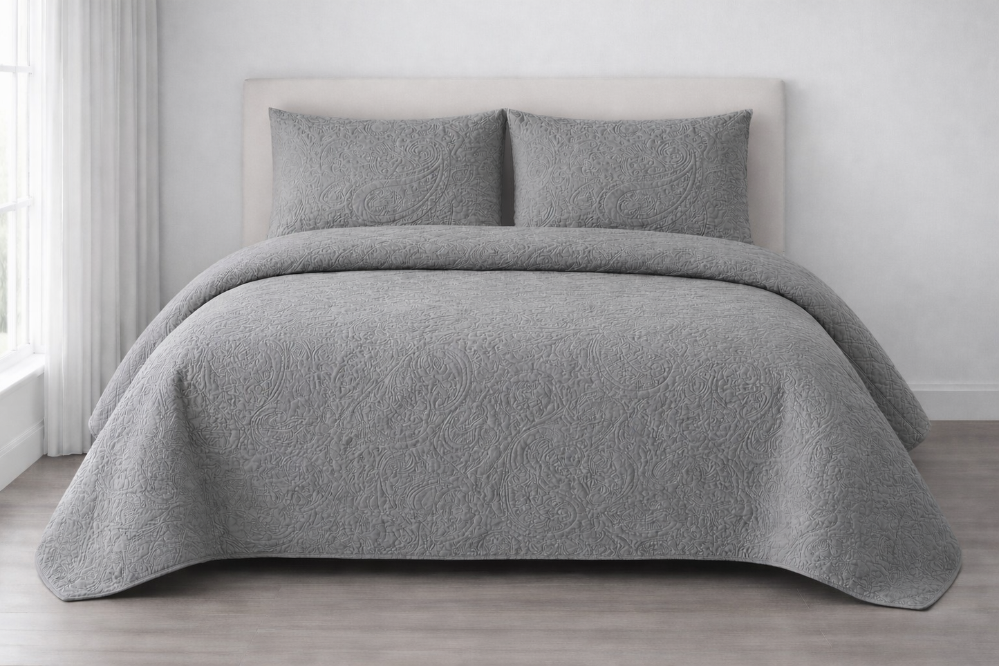 GREY QUILTED BEDSPREAD 3PCS