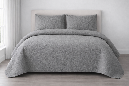 GREY QUILTED BEDSPREAD 3PCS