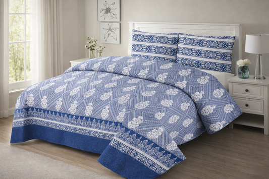 BLUE HERITAGE BLOCK PRINTED BEDSPREAD 3PCS