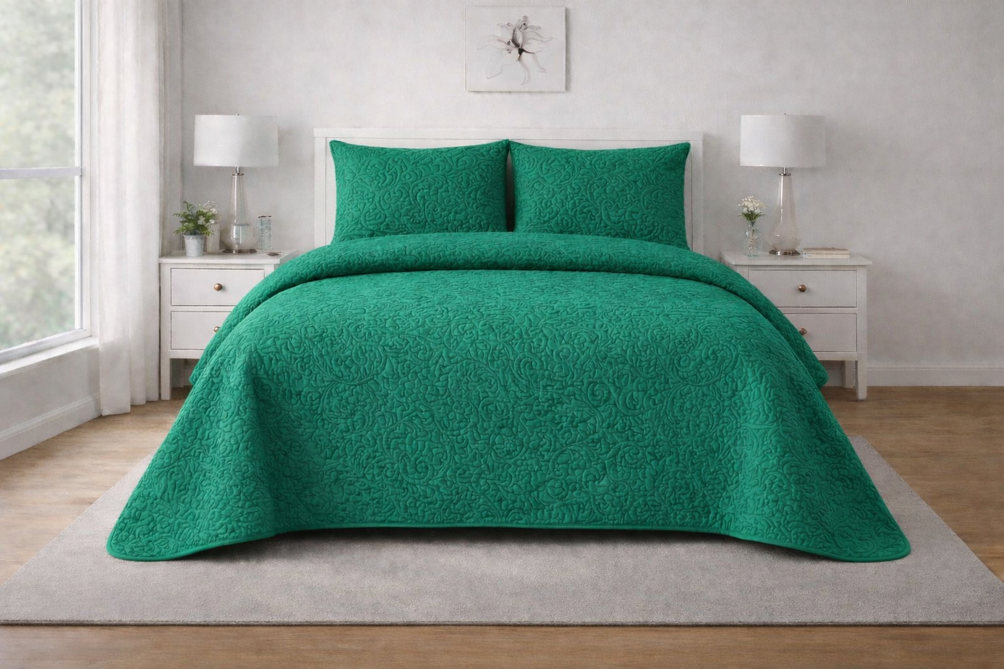 EMERALD GREEN QUILTED BEDSPREAD 3PCS