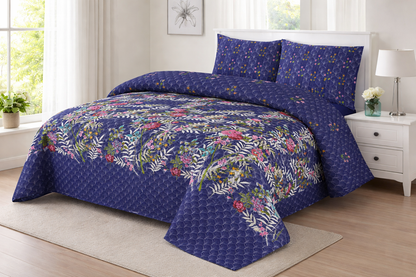 ROYAL BLUE FLORAL PRINTED BEDSPREAD 3PCS