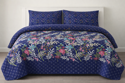 ROYAL BLUE FLORAL PRINTED BEDSPREAD 3PCS