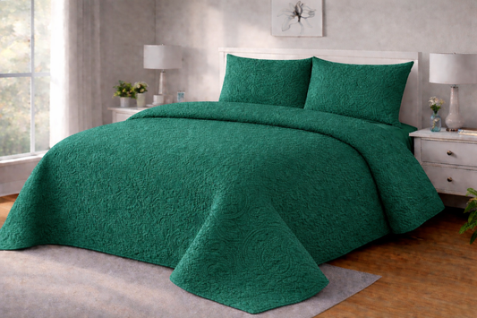 EMERALD GREEN QUILTED BEDSPREAD 3PCS